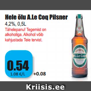 Allahindlus - Hele õlu A.Le Coq Pilsner