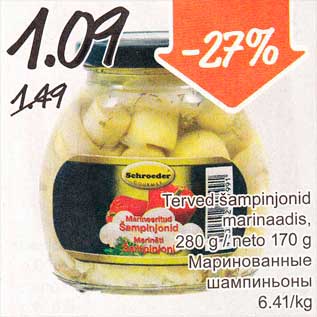 Allahindlus - Terved šampinjonid marinaadis, 280 g/neto 170 g