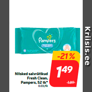 Allahindlus - Niisked salvrätikud Fresh Clean, Pampers, 52 tk*