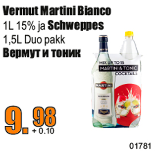 Allahindlus - Vermut Martini Bianco 1L 15% ja Schweppes 1,5L Duo pakk