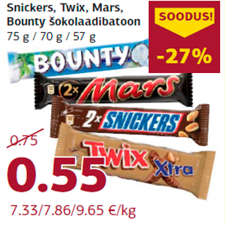 Allahindlus - Snickers, Twix, Mars, Bounty šokolaadibatoon