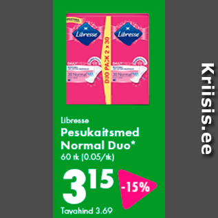 Allahindlus - Libresse Pesukaitsmed Normal Duo* 60 tk