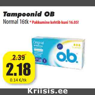 Allahindlus - Tampoonid OB Normal 16tk