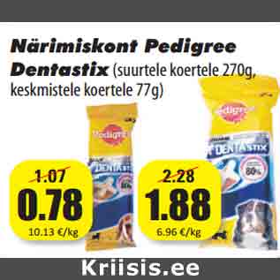 Allahindlus - Närimiskont Pedigree Dentastix(suurtele koertele 270g, keskmistele koertele 77g)