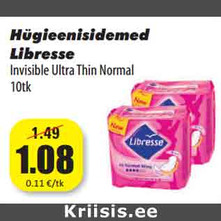 Allahindlus - Hügieenisidemed Libresse Invisible Ultra Thin Normal 10tk