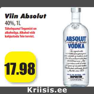 Allahindlus - Viin Absolut 40%, 1L