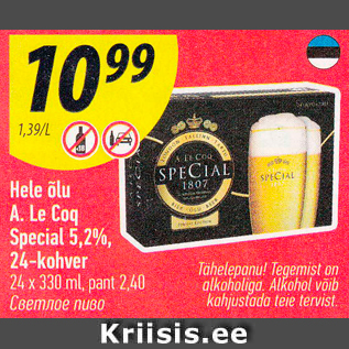 Allahindlus - Hele õlu A. Le Coq Special 5,2%, 24-kohver