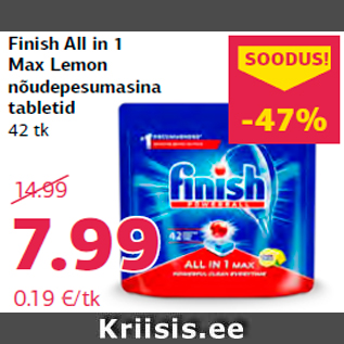 Allahindlus - Finish All in 1 Max Lemon nõudepesumasina tabletid 42 tk