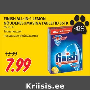 Allahindlus - FINISH ALL-IN-1 LEMON NÕUDEPESUMASINA TABLETID 56TK