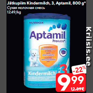 Allahindlus - Jätkupiim Kindermilch, 3, Aptamil, 800 g*