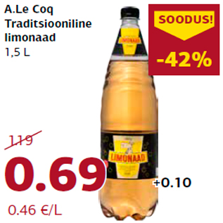 Allahindlus - A.Le Coq Traditsiooniline limonaad 1,5 L