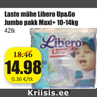 Allahindlus - Laste mähe Libero Up&Go Jumbo pakk Maxi+ 10 - 14 kg, 42 tk