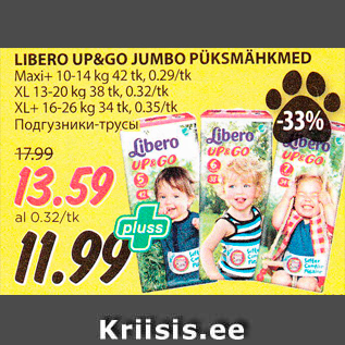 Allahindlus - LIBERO UP&GO JUMBO PÜKSMÄHKMED