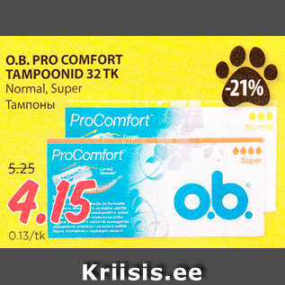 Allahindlus - O.B. PRO COMFORT TAMPOONID 32 TK