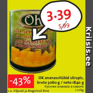 Allahindlus - OK ananassitükid siirupis, bruto 3060 g / neto 1840 g