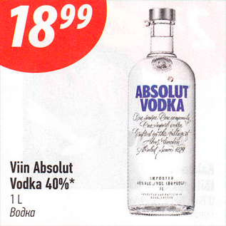 Allahindlus - Viin Absolut Vodka 40%* 1 L