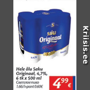 Allahindlus - Hele õlu Saku Originaal, 4,7%, 6 tk x 500 ml