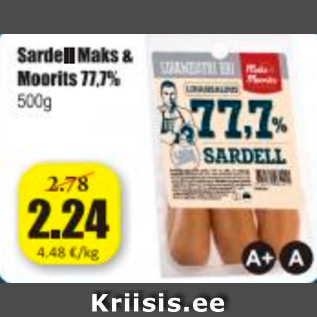 Скидка - Сардельки Maks & Moorits 77,7%, 500 г