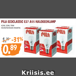 Allahindlus - PILA ECOCLASSIC E27 A55 HALOGEENLAMP