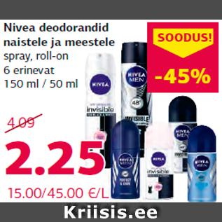 Allahindlus - Nivea deodorandid naistele ja meestele