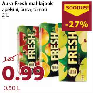 Скидка - Соковый напиток Aura Fresh апельсиновый, яблочный, томатный 2л
