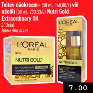 Allahindlus - Toitev näokreem- (50 ml, 140,00/L) või näoõli (30 ml, 233,33/L) Nutri Gold Extraordinary Oil