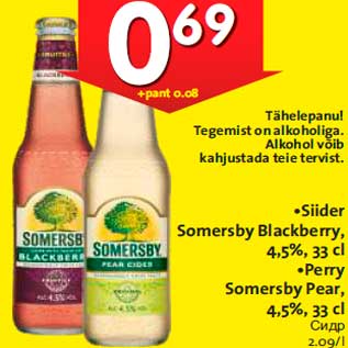 Allahindlus - .Siider Somersby Blackberry 4,5%, 33cl;.Perry Somersby Pear, 4,5%, 33 l