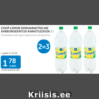 Allahindlus - COOP LEMON SIDRUNIMAITSELINE KARBONISEERITUD KARASTUSJOOK 2 L