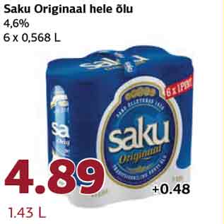 Allahindlus - Saku Originaal hele õlu 4,6% 6 x 0,568 L