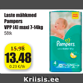 Allahindlus - Laste mähkmed Pampers VPP (4) maxi 7-14 kg 58 tk