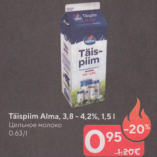 Allahindlus - Täispiim Alma, 3,8 - 4,2%, 1,5 l