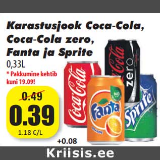 Скидка - Прохладительные напитки Coca-Cola, Coca-Cola Zero, Fanta и Sprite, 0,33 л
