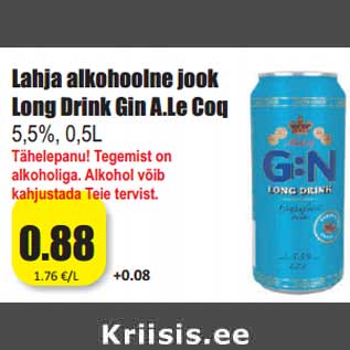 Allahindlus - Lahja alkohoolne jook Long Drink Gin A.Le Coq