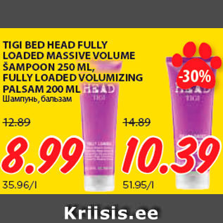 Allahindlus - TIGI BED HEAD FULLY LOADED MASSIVE VOLUME ŠAMPOON 250 ML, FULLY LOADED VOLUMIZING PALSAM 200 ML