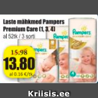 Allahindlus - Laste mähkmed Pampers Premium Care (1, 3, 4)