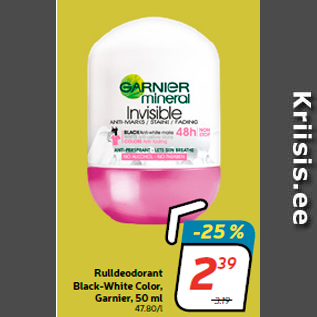 Allahindlus - Rulldeodorant Black-White Color, Garnier, 50 ml