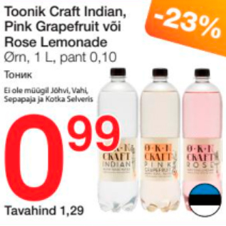 Allahindlus - Toonik Craft Indian, Pink Grapefruit või Rose Lemonade