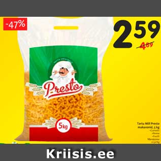 Allahindlus - Tartu Mill Presto makaronid, 5 kg