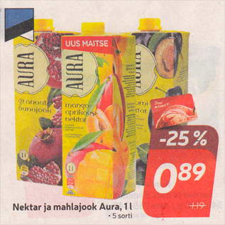 Скидка - Нектар и сокосодержащий напиток Aura, 1 л