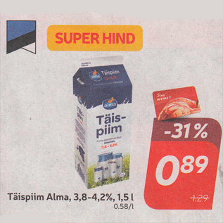 Allahindlus - Täispiim Alma, 3,8-4,2%, 1,5 l