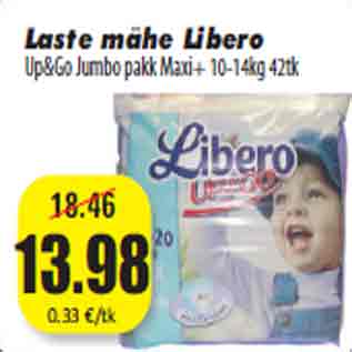 Allahindlus - Laste mähe Libero Up&Go Jumbo pakk Maxi+ 10-14kg 42tk