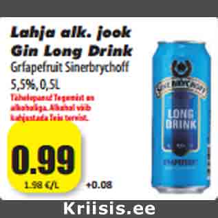 Allahindlus - Lahja alk. jook Gin Long Drink Grfapefruit Sinerbrychoff 5,5%, 0,5L