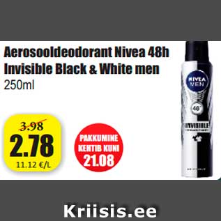 Allahindlus - Aerosooldeodorant Nivea 48h Invisible Black & White men 250ml