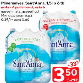 Allahindlus - Mineraalvesi Sant`Anna, 1,5 l x 6 tk