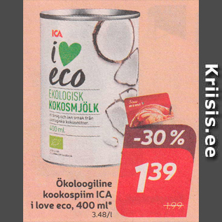 Allahindlus - Ökoloogiline kookospiim ICA i love eco, 400 ml *