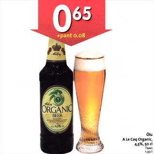 Allahindlus - Õlu А Le Coq Organic, 4,5%,5О cl
