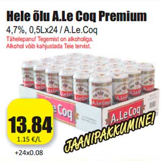 Allahindlus - Hele õlu A.Le Coq Premium