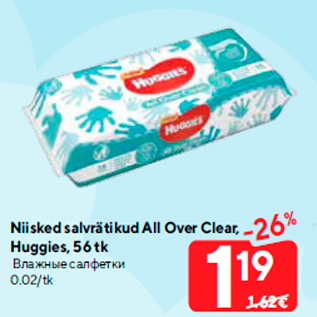 Allahindlus - Niisked salvrätikud All Over Clear, Huggies, 56 tk