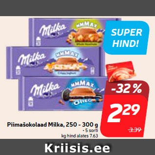 Allahindlus - Piimašokolaad Milka, 250 - 300 g