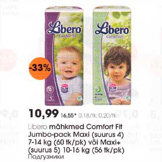 Allahindlus - Mähkmed Comfort Fit Jumbo-pask Maxi (suurus 4) 7-14 kg (60tk/pk) või Maxi+ (suurus 5) 10-16 kg (56tk/pk)